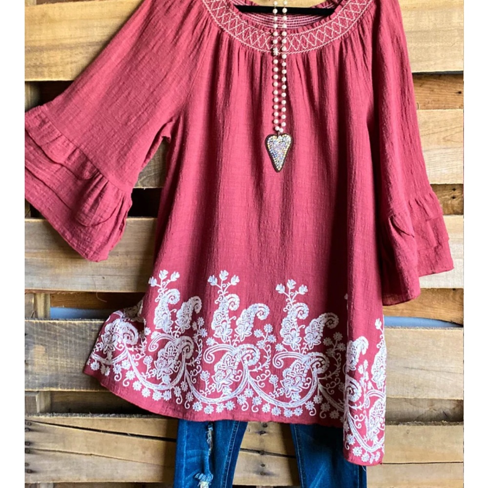 NWT Angel Heart Women's Brick Red tunic/dress with Embroidery.